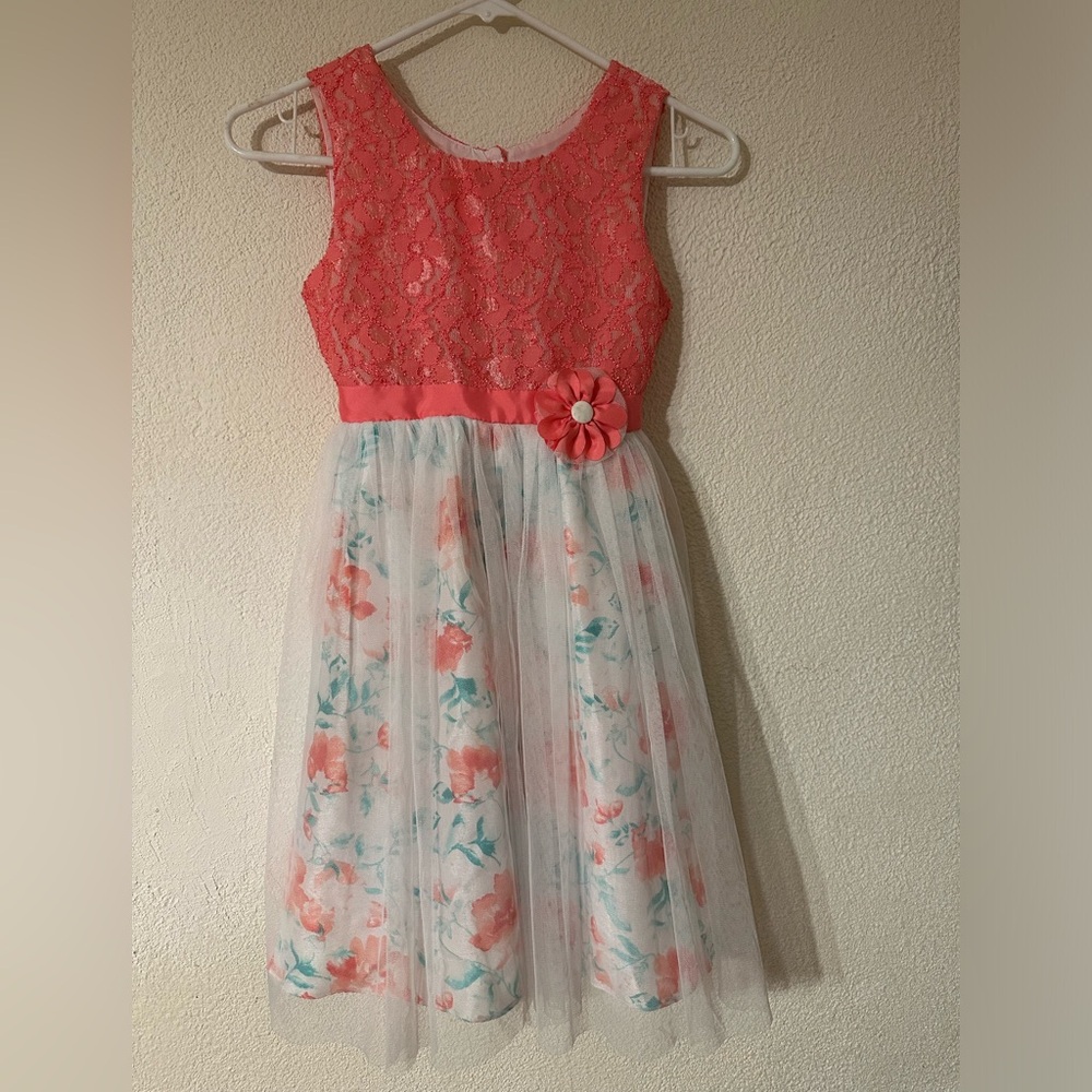 Jona Michelle Party Dress Girl Coral Lace Bodice Floral Print Under Tulle Size 8